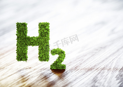 绿色的氢元素登录木制背景模糊。3d 图.