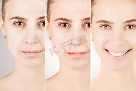 成熟护肤摄影照片_三种类型的金发碧眼的女人脸上的年龄变化