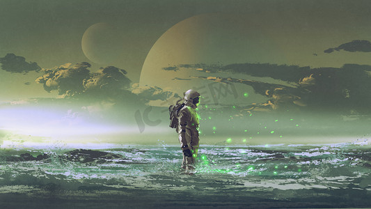 绿色风景插画摄影照片_宇航员站在海边反对地球背景, 风格, 插画绘画