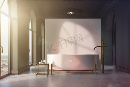 定光摄影照片_灰色和白色的浴室，浴缸圆定调子