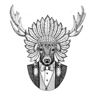 鹿野兽戴 inidan 帽, 头裙用羽毛手绘图案作纹身, t-shirt, 徽, 徽章, 徽标, 补丁