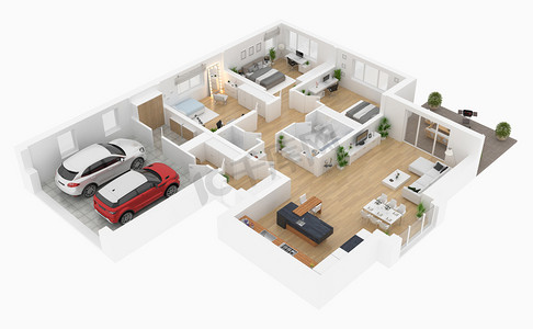 floor摄影照片_Floor plan top view. Apartment interior isolated on white background. 3D render