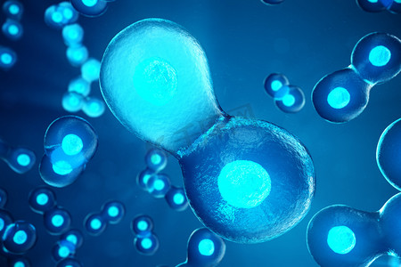 人或动物细胞在蓝色背景。概念早期胚胎医学的科学概念, 干细胞的研究和治疗。3d 插图.