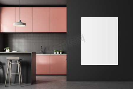 前视图灰色瓷砖厨房与混凝土地板, 粉红色台面。3d 渲染垂直模拟海报