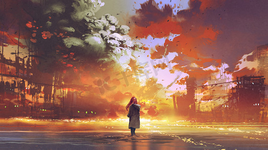 女人站在海边看着燃烧的城市, 数码艺术风格, 插画绘画