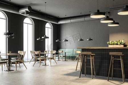 工业风格的酒吧角落里有深灰色的墙壁, 一层混凝土地板, 拱形的窗户和带有椅子的木制桌子。绿色沙发。3d 渲染模拟