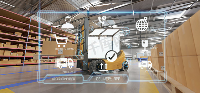 View of a Logistic delivery service application on a warehouse background 3d rendering