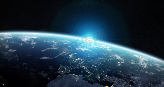 斗罗大陆摄影照片_在空间的蓝色行星地球的看法与她的大气欧洲大陆3d 渲染这个图像的元素由 Nasa 提供