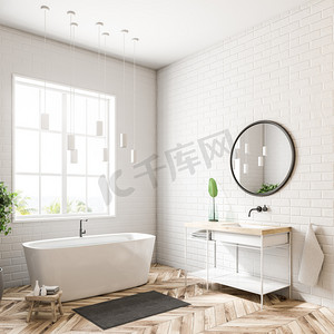 阁楼浴室角落里有白色的墙壁, 一层木地板, 一个白色的浴缸和一个上面有圆形镜子的水槽。3d 渲染模拟