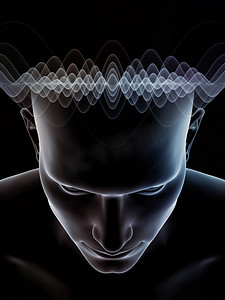 心波系列。3d 人类头部和技术符号在意识、大脑、智力和人工智能主题上的背景图