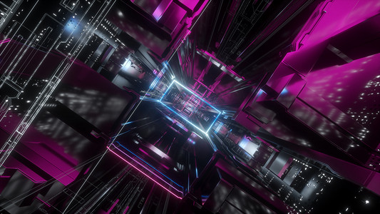 3d 渲染, 抽象隧道, 城市背景, 未来的粉红色霓虹灯, 几何结构, 大数据, 量子计算机, 存储, 网络安全, 虚拟现实