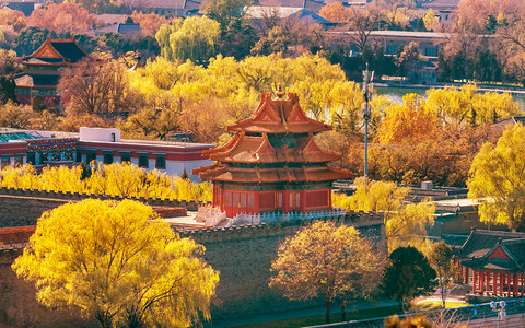 箭观赏塔宫墙秋故宫故宫北京中国。明朝王朝建于1600s 的皇帝宫殿