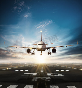 商用飞机起飞跑道在白天的光线。现代快速旅游理念