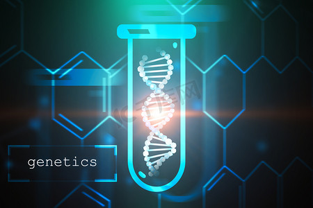 3d细胞模型摄影照片_白色 dna 螺旋在试管在蓝色绿色背景下与碳原子网格和文本遗传学在左角落。生物技术、生物学、医学和科学概念。3d 渲染模拟色调图像