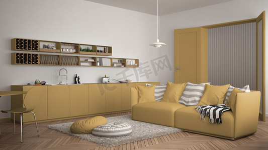 现代简约室内设计摄影照片_斯堪的纳维亚现代客厅与厨房, 餐桌, 沙发和毯子枕头, 简约的白色和黄色建筑室内设计