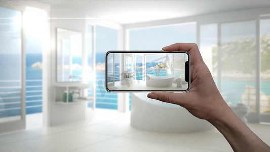模拟手机摄影照片_手持智能手机, Ar 应用, 模拟家具和室内设计产品在真正的家庭, 建筑师设计师的概念, 模糊背景, 现代浴室