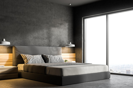 现代双人床摄影照片_现代卧室的一角, 有灰色的墙壁, 一层混凝土地板, 一张双人床和两个床头台灯。阁楼窗口与风景。3d 渲染模拟