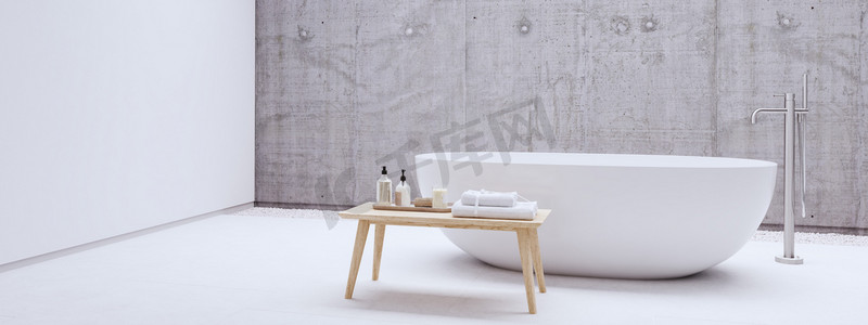 文新摄影照片_新的现代禅宗浴室与白色的墙壁。3d 渲染