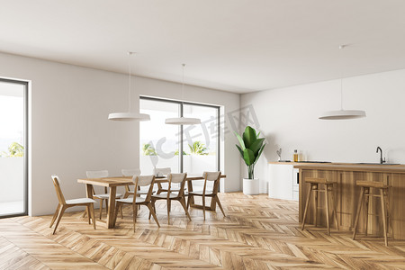 现代餐厅和厨房的角落, 白色的墙壁, 木地板, 白色的台面, 一个木制的酒吧与凳子和桌子与椅子。3d 渲染复制空间