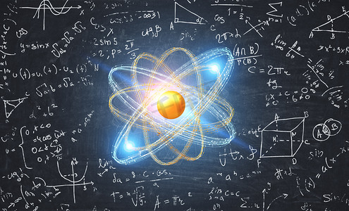 发光空间摄影照片_发光的金色和蓝色的原子模型黑板上的公式背景。科学、化学和物理的概念。3d 渲染复制空间色调图像双曝光