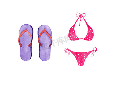 手绘水彩套装的沙滩装隔离在白色背景上。粉红色泳衣和凉鞋，紫色拖鞋