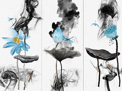 龙与花摄影照片_抽象的自然插图，三个蓝色睡莲与深灰色叶子在白色背景，三个蓝色的龙