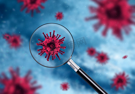 益生菌抗病毒摄影照片_Healthcare concept with magnifying glass showing red virus bacteria