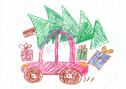 祝家人在汽车旅行中幸福。父亲，母亲，两个女儿和儿子。儿童绘图.