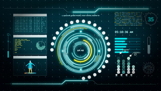 hud摄影照片_HUD数字转换用户界面电脑屏幕显示与像素背景.蓝色和黄色抽象全息图全息图技术概念.科幻小说。3D插图渲染