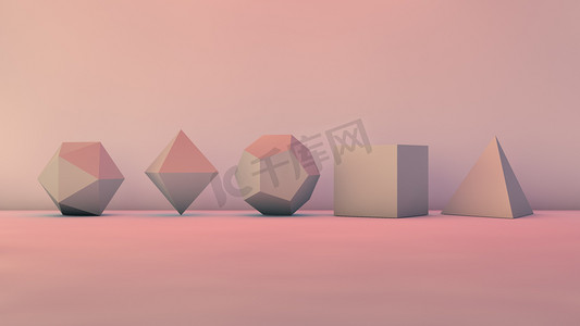 A set of geometric shapes in the Studio, polyhedra, the five Platonic solids. The idea of perfection and precision. 3D rendering. Illustration, image, abstraction.