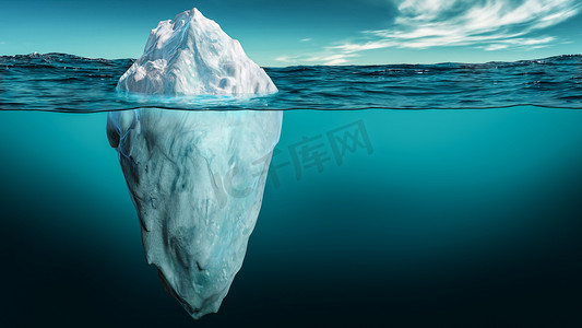 冰山的顶部可见，水下或水下部分漂浮在海洋中。3D渲染说明.