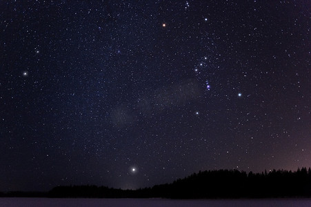 在寒冷的冬夜, 猎户座和小星星座和天狼星在地平线之上.