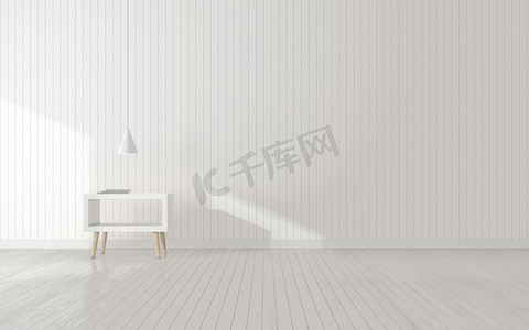 客厅空间，小白桌，木墙和层压地板上的挂灯。最小室内设计视角。3d 渲染.