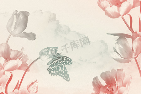 婚宴海报摄影照片_花卡装框春天花园的花郁金香和蝴蝶。 花的装饰。 自然背景。 油画风格的图解. 横幅、卡片、海报、婚宴请柬的式样