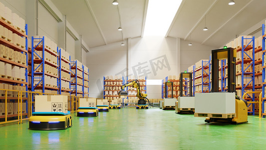 AGV Forklift Trucks - Transport More with Safety in warehouse, 3D rendering