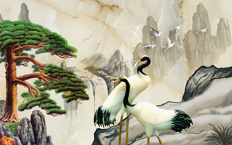 Landscape illustration, marble, mountains, a pair of cranes, green pine on a rock
