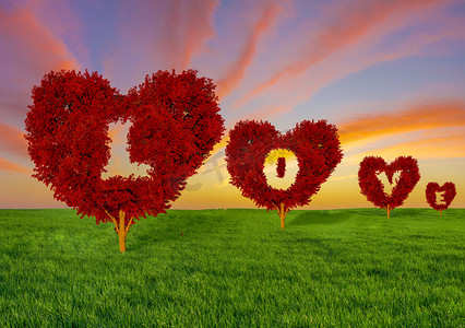春天田野上的红心形树, 爱的概念和情人节