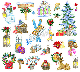 设计设置与圣诞节和新年的对象, 冷杉树, 雪人, 鹿, 孤立在白色。手绘冬季水彩画插图, 节日背景为贺卡, 剪贴簿装饰