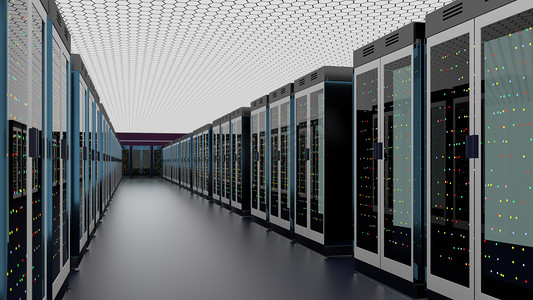 侍应生服务器室数据中心。备份,托管,主机,农场和计算机机架与存储信息.3D渲染