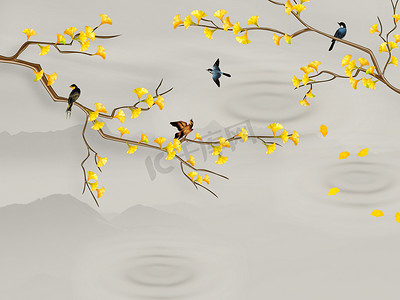 灰色背景，水滴的圆圈，棕色的树枝与黄叶，鸟坐在树枝上