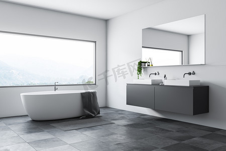 浴室的角落, 有白色的墙壁, 瓷砖地板, 白色的浴缸站在大窗户下, 双水槽在灰色的台面上。3d 渲染