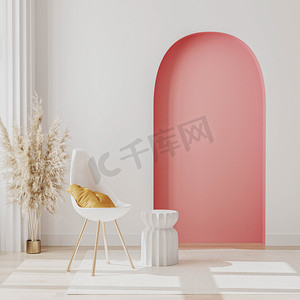 现代室内装饰，白色椅子，靠窗的咖啡桌，背景装饰粉色拱门和柱子，客厅室内装饰背景，3D渲染