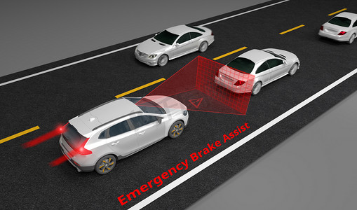 紧急制动辅助系统 (eba) 系统, 以避免车祸的概念。智能汽车技术, 3d 渲染图像.
