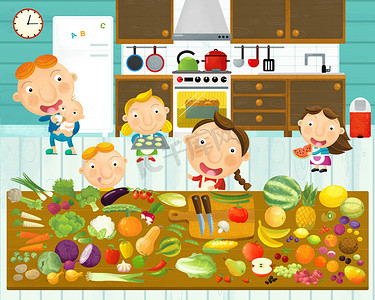 卡通场景与家庭在厨房吃饭和做饭一起有乐趣与它 - 插图为儿童