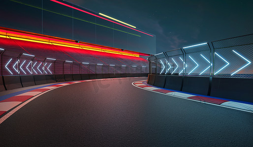 夜景现代国际赛车场带栏杆和霓虹灯箭标志.3d渲染