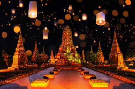 loy摄影照片_泰国大城府的大城府历史公园 loy Ayutthaya 节景观.