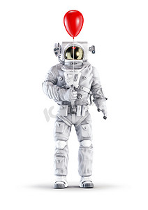 Astronaut with balloon / 3D illustration of space suit wearing male figure holding red plastic balloon isolated on white studio background