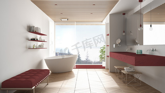 简约大摄影照片_豪华现代白色和红色浴室，带镶木地板和木制镶木地板，大海全景大全景窗，浴缸，淋浴和双水槽，室内设计，简约建筑