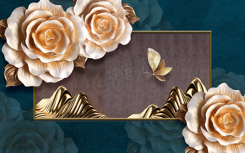 gold摄影照片_3d illustration, dark green background, large beige roses and a large beige butterfly, gold frame with golden waves