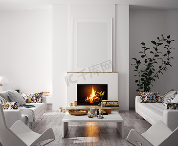 家居风格海报摄影照片_用壁炉装饰现代家居内部的海报，斯堪的纳维亚风格，3D渲染